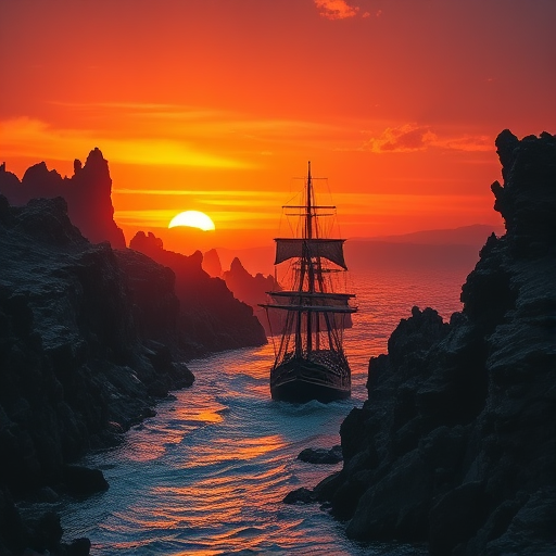 A dramatic sunset over a fiery lava river with sharp, jagged rock formations on either side, a wooden sailing ship navigating through the molten landscape, captured with a Canon EOS 5D Mark IV at f/8, 1/60s, ISO 100, 24mm lens, HDR style with vibrant colors and high contrast.