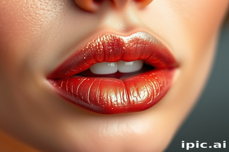 Elegant rose gold "Champagne Kiss" lip gloss illuminates softly curved lips with a lustrous sheen, infused with fine shimmer particles for a luxurious, multidimensional effect