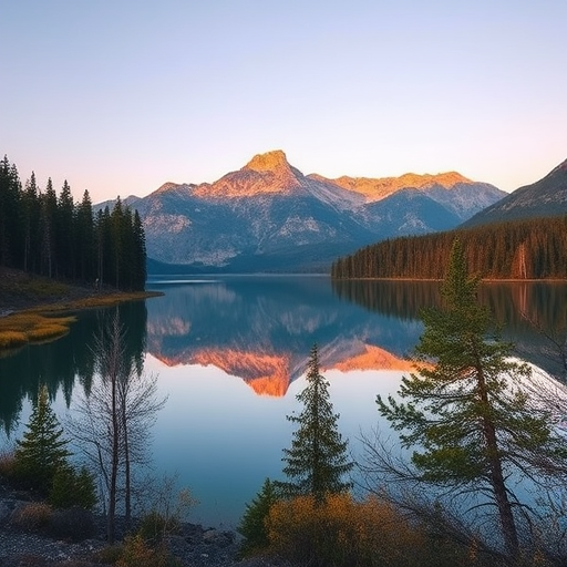 Create a high-resolution image of a serene landscape featuring a calm lake surrounded by trees and mountains in the background, captured with a DSLR camera, 50mm lens, f/8 aperture, ISO 100, natural lighting, and a wide-angle view to enhance depth.