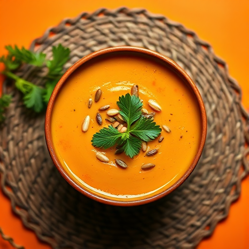 a top-down view of a bowl of pumpkin soup garnished with parsley and mixed seeds, placed on a woven mat, vibrant orange background, natural light, aperture f/2.8, shutter speed 1/125 sec, ISO 200, DSLR camera, macro lens