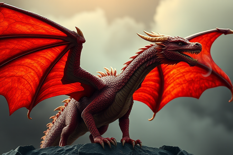 Create an image of a majestic dragon with rich red scales and detailed parchment-like wings, capturing it in a dynamic pose against a dramatic background, using a DSLR camera set to 50mm f/1.8, ISO 100, and a shutter speed of 1/200s for high detail and depth of field.