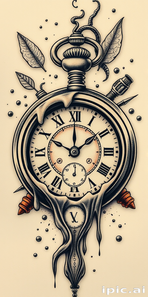 Surrealist pocket watch tattoo melting and distorting in a Dali-esque style, incorporating elements of nature and symbolism to represent the fluidity and relativity of time