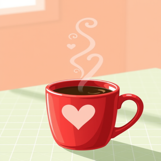 Illustration of a red coffee cup with a heart design, steam rising above it, placed on a light green grid-patterned tablecloth, soft lighting, 50mm lens, f/2.8 aperture, natural light photography.