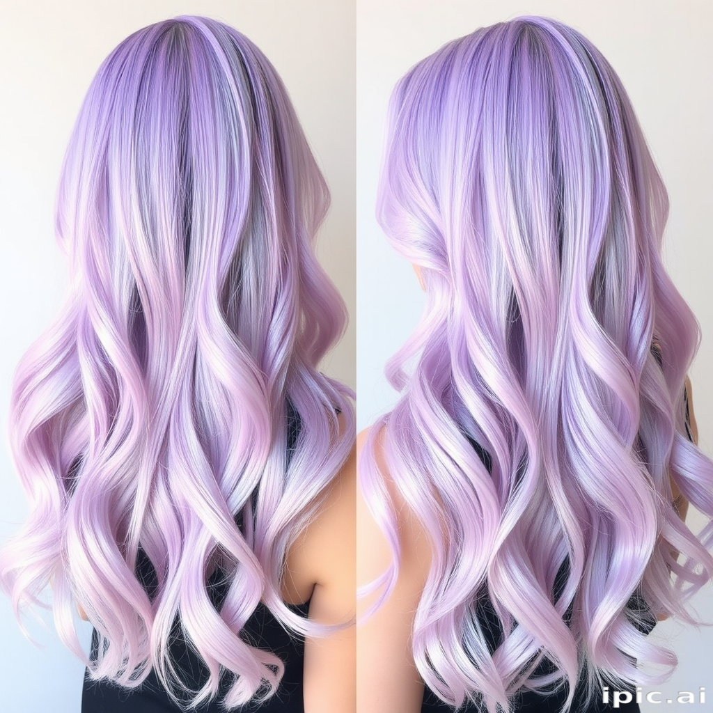 Ethereal lavender-tinted tresses in the "Mystic Meadow" style, long flowing layers with subtle pastel pink balayage, soft beachy waves cascading down back, face-framing pieces delicately curled, iridescent sheen reflecting light beautifully