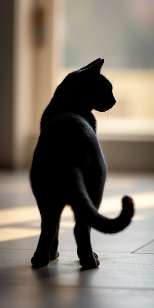 Generate a high-resolution image of a stylized black silhouette of a cat with a slightly arched back using a DSLR camera, 50mm lens, aperture f/1.8, ISO 400, shot from a low-angle perspective with soft natural lighting to enhance image quality.