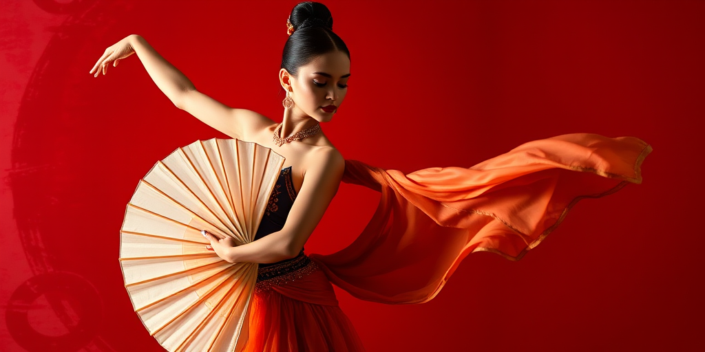 Create a high-resolution image of a dancer in an elegant pose with a fan, using a Canon EOS R5 camera with a 50mm lens, aperture f/2.8, ISO 100, shot at a 45-degree angle, with soft diffuse lighting to enhance colors and details against a bold red abstract background.