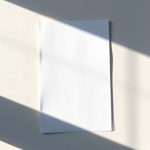 Create a high-resolution image of a blank document with a slight shadow effect, captured using a DSLR camera with a 50mm lens at f/1.8 aperture, ISO 200, shutter speed 1/60s, in natural light, top-down view.