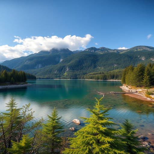 create a high-quality image of a serene landscape featuring a tranquil lake surrounded by lush green forests and mountains in the background, shot with a Canon EOS R5, 24mm, f/8 aperture, ISO 100, 1/125 sec, wide-angle view for enhanced depth and detail.
