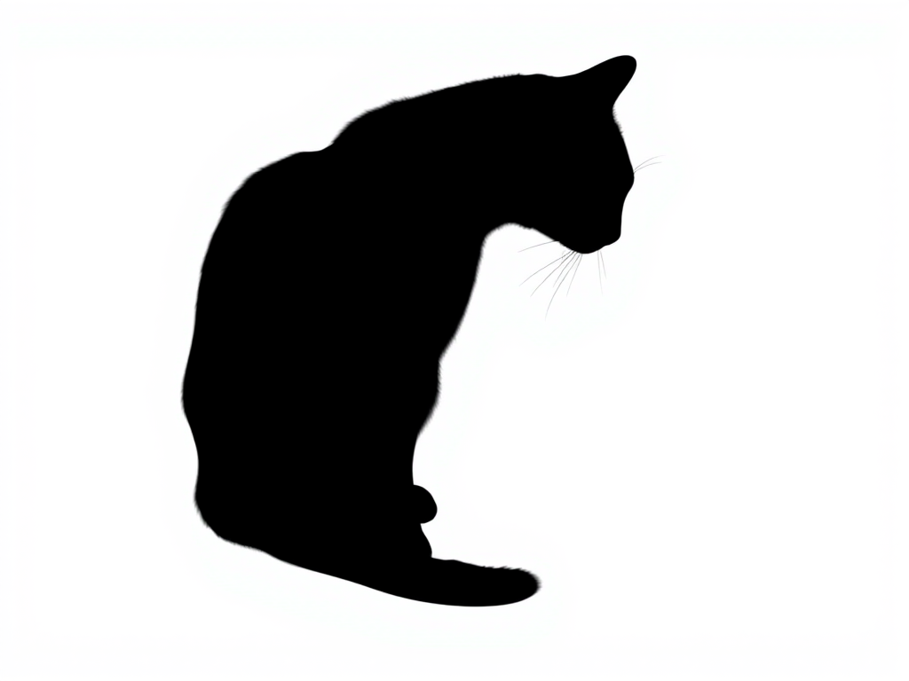 Generate an image of a minimalist black cat silhouette on a white background, captured with a DSLR camera, 50mm lens, aperture f/1.8, ISO 100, in soft natural lighting and centered composition.