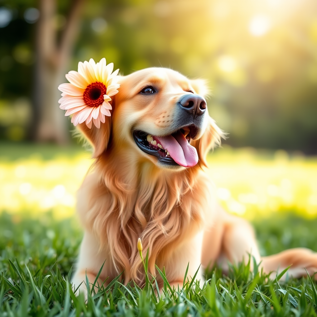 A happy golden retriever with a flower behind its ear sitting on green grass with sunlight shining down enjoying a beautiful day