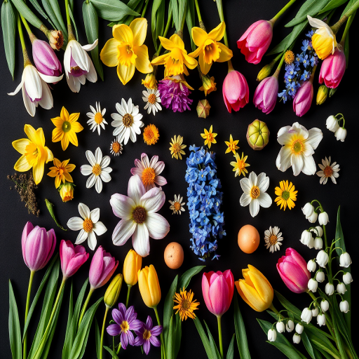Create a vibrant illustration of various flowers including crocuses, daisies, daffodils, hyacinths, tulips, and lily of the valley arranged in a grid format on a black background, use a Canon EOS R5 camera with an aperture of f/4, a shutter speed of 1/200 sec, ISO 100, and shoot from a top-down view to enhance the floral details and colors.