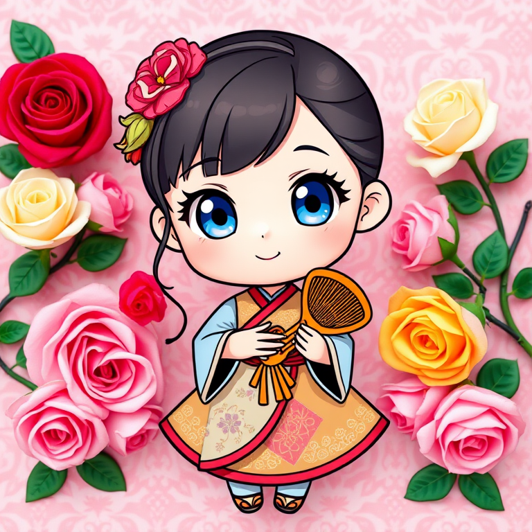 Create a cute chibi character with big blue eyes and a traditional dress, holding a small comb, surrounded by colorful roses on a soft pink patterned background, captured with a DSLR camera at f/2.8 aperture, 50mm lens, in portrait orientation, using natural light for a vibrant and sharp image.
