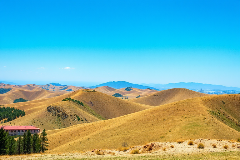 Generate a high-resolution image of a serene landscape featuring rolling hills and a clear blue sky, captured with a DSLR camera using a 50mm lens at f/8, ISO 100, and a shutter speed of 1/250 sec, in natural light with a wide-angle view for a vibrant and crisp quality.