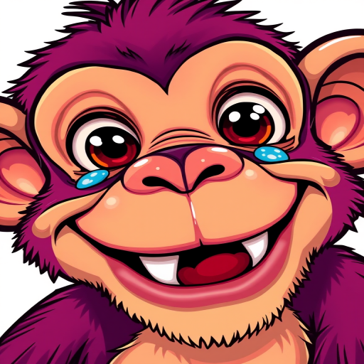 Create a vibrant, cartoon-style illustration of a whimsical monkey face with exaggerated features, including large eyes with tears, a wide grin, and a playful expression, using a bright color palette, captured with a DSLR camera at f/2.8, ISO 100, 1/250s, with a close-up view and vivid contrast to enhance image quality.