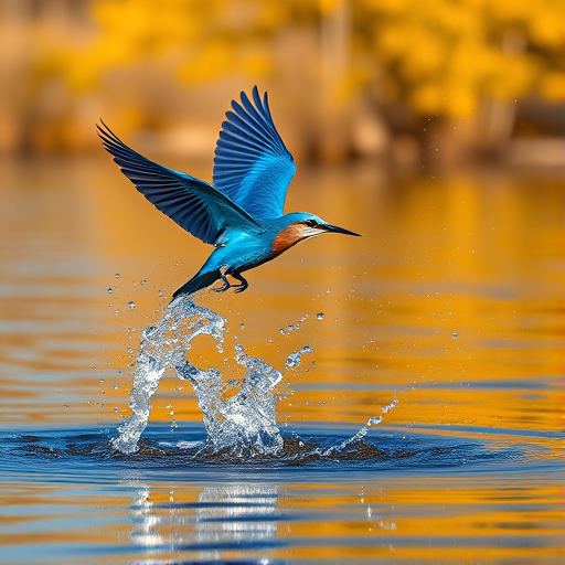 Regenerate a vibrant blue bird in mid-flight above a serene lake with splashing water, golden foliage in the background, captured with a Canon EOS-1D X Mark III, 200mm lens, aperture f/2.8, shutter speed 1/2000 sec, ISO 400, using a shallow depth of field to emphasize the bird and water splash.