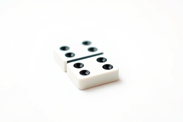create a high-definition image of a classic domino piece with a white background, taken with a DSLR camera at f/2.8 aperture, ISO 100, and a focal length of 50mm, using a macro lens for detailed close-up capture and soft natural lighting.