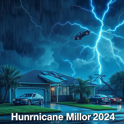Hurricane Milton blows a roof off a home. Strong winds and rain blows sideways. Palm trees uprooted and bent over. Cars flying through the sky with debris. Sky is dark with thunder storms. Lightning strikes are fluorescent blue. Add text Hurricane Milton 2024