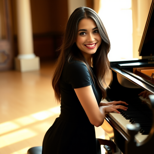 A young woman with long, dark hair smiles at the viewer as she sits at a grand piano, her right hand poised over the keys. The scene is lit by warm, natural light, highlighting the elegant simplicity of the woman's black dress. The perspective is from the side, emphasizing the contrast between the woman's delicate form and the grand scale of the piano. The ivory keys and dark wood of the piano create a striking visual contrast, further emphasized by the rich black of her dress.