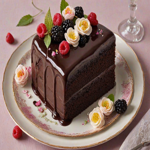 Create an elegant dessert scene featuring a rich chocolate cake with a glossy dark chocolate glaze. The cake should be adorned with fresh raspberries, delicate edible flowers, and a sprinkle of white currants. A slice should be served on a vintage plate with intricate designs, showcasing the smooth layers of chocolate. The background should be softly lit to enhance the luxurious feel of the dessert.
