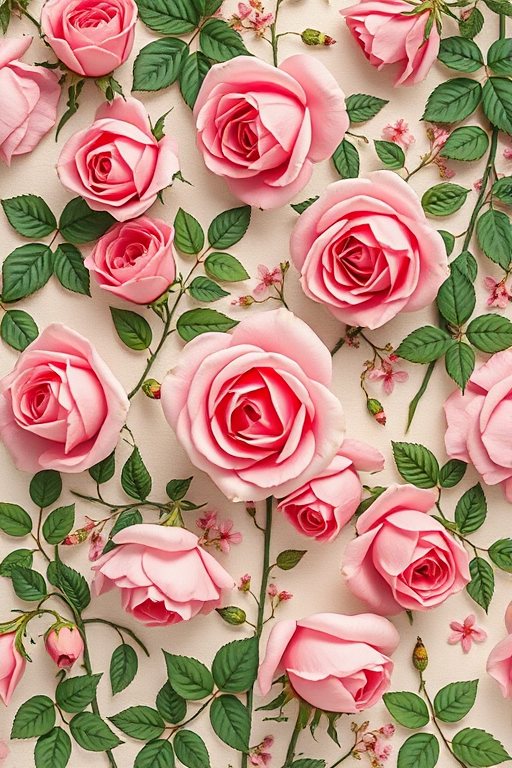 Floral vintage pattern with pink roses and green vines, soft focus, high-resolution, shot with a Canon EOS R5, 50mm lens, f/2.8 aperture, natural light, top-down view.