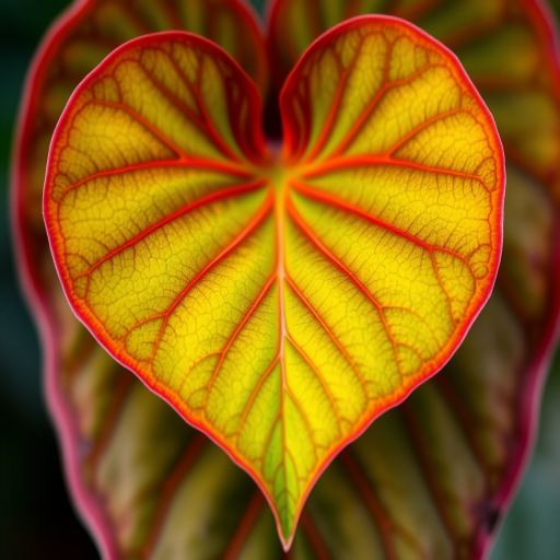 macro shot of a vibrant heart-shaped leaf with rich green and red edges, natural lighting, f/2.8 aperture, ISO 100, 1/200 sec shutter speed, DSLR camera, close-up view.