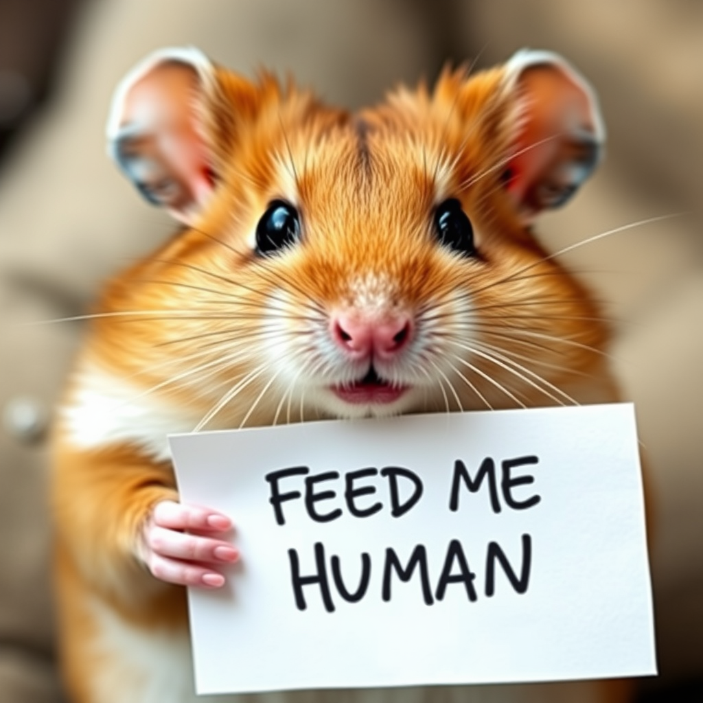 hamster holding a note which says "FEED ME HUMAN"