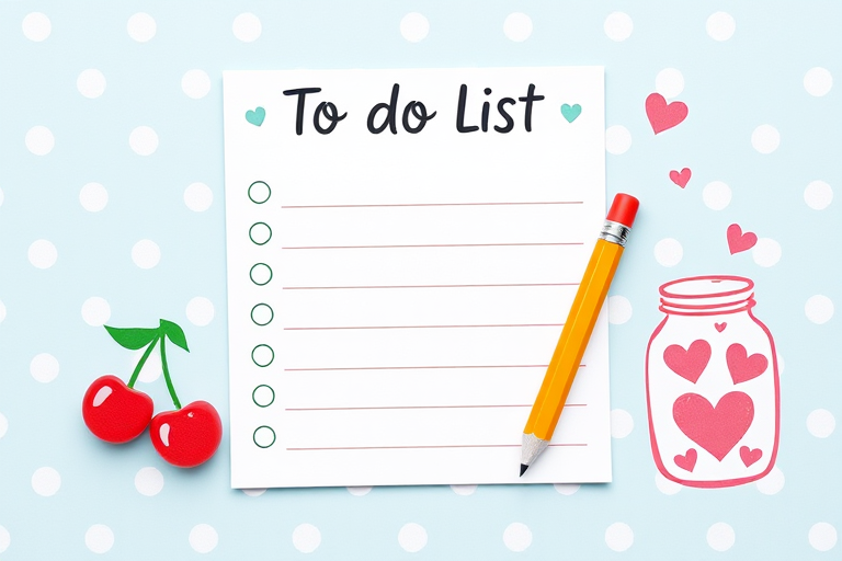 Create a colorful to-do list notepad design with a light blue background, polka dots, and cute illustrations of cherries, a pencil, and a jar with hearts, captured with a Canon EOS R5, using a 50mm lens, f/2.8 aperture, and natural light for a vibrant, high-quality finish.