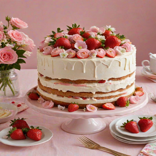Create a beautiful layered cake with white frosting and fresh strawberries peeking through the layers. The cake should be decorated with delicate edible flowers on top. Place the cake on a simple, elegant cake stand against a soft pink background, with a floral tablecloth underneath. Include a few plates and utensils nearby for serving.