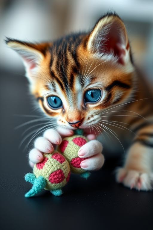 capture a playful kitten with blue eyes biting a toy on a black surface using a DSLR camera with a 50mm lens, aperture f/1.8, ISO 200, natural lighting, shallow depth of field, close-up view