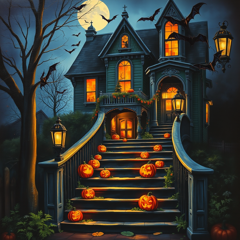 airbrushed oil painting, halloween theme, a haunted house, stairs, highly decorated, illuminated, lanterns, jack o'lantern, bats, webcobs