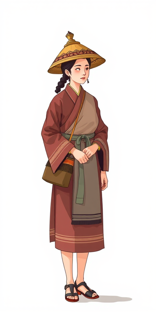 Generate an illustration of a standing figure wearing traditional attire with an intricate hat, holding a bag, in a well-lit environment, using a DSLR camera with a 50mm lens, aperture set to f/2.8, shutter speed at 1/125s, ISO 100, capturing in natural light for enhanced detail and clarity.
