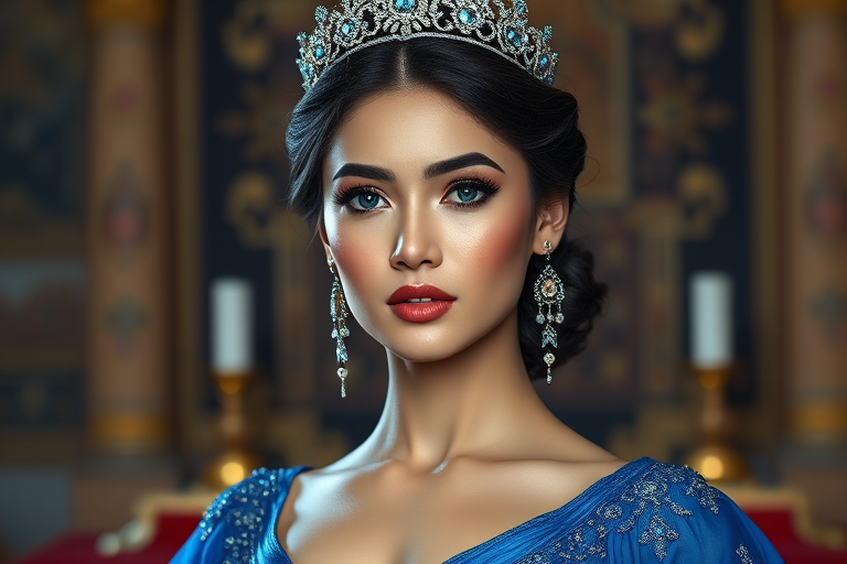 A gorgeous Bhutanese woman in a luxurious blue gown, accessorized with a dazzling tiara and statement earrings, her deep blue eyes highlighted by impeccable makeup, poised in a royal setting, photorealistic, 8K quality