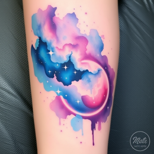 Cosmic watercolor tattoo portraying a nebula-inspired galaxy scene, vibrant swirls of blues, purples, and pinks, ethereal stardust and celestial bodies, dreamy and otherworldly