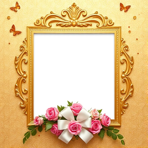 Create an elegant photo frame with a gold ornate design, featuring a cluster of pink roses and a white ribbon bow, set against a textured golden background adorned with small polka dots and delicate butterflies, captured with a DSLR camera at f/2.8 aperture, 50mm lens, in natural light for soft shadows and vibrant colors.