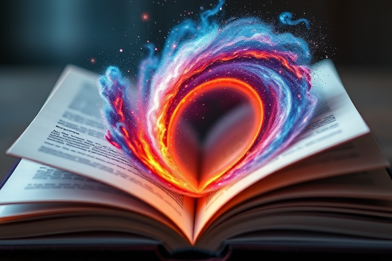 A mystical open book with a swirling galaxy emerging from its pages, vibrant colors of blue, purple, and orange, soft focus, 50mm lens, f/1.8 aperture, 1/60s shutter speed, natural lighting, macro photography style.