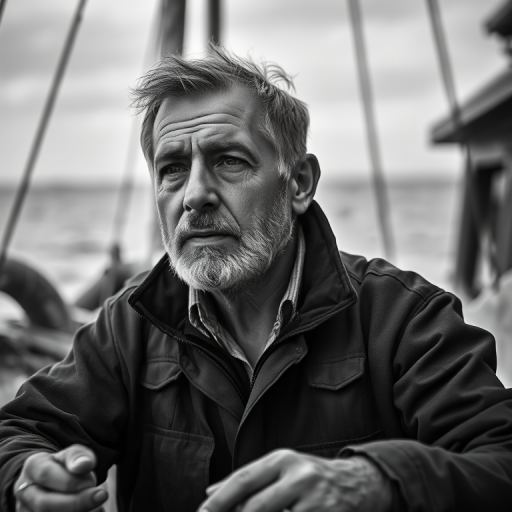 Capture a candid portrait of a middle-aged man deep in thought while working on a boat, using a Canon EOS R5 with a 50mm f/1.8 lens, aperture set to f/2.8 for soft background blur, shutter speed at 1/125s, ISO 200, in black and white for dramatic effect, shot from eye level to convey intimacy.