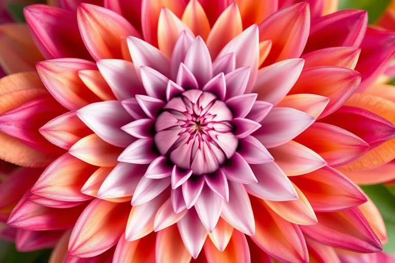 generate a highly detailed symmetrical floral arrangement with intricate layers and vivid colors, using a macro lens at f/2.8 for shallow depth of field, ISO 100, with natural soft lighting in a studio environment, capturing the textures and nuances of the petals and leaves.