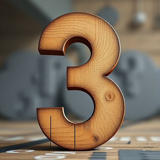 Generate a high-resolution image of a large wooden number three with a textured surface, using a DSLR camera with a 50mm lens, aperture f/2.8, ISO 100, and a shallow depth of field to enhance detail, captured from a slightly low angle to emphasize the depth and texture.