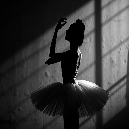 Create a high-contrast monochrome image of a ballerina in a tutu, captured in silhouette against a textured, soft-focus background, using a Canon EOS R5 with a 50mm f/1.2 lens, aperture set to f/2.8, shutter speed 1/125s, ISO 100, side lighting to create dramatic shadows.