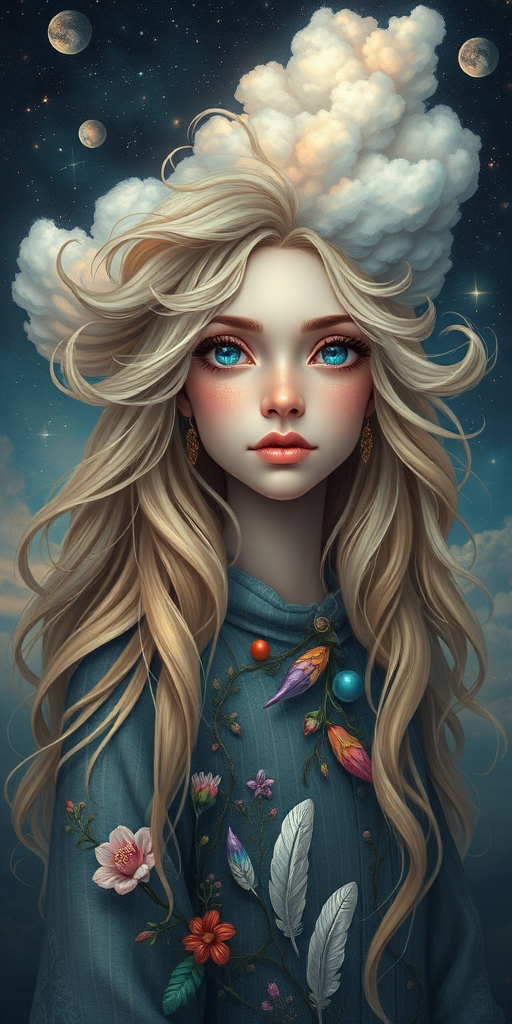 Create a series of imaginative portraits where each subject is infused with elements of fantasy and nature. The hair of the individuals should flow like clouds, varying from soft, fluffy cumulus to wispy cirrus strands, with hints of color reflecting a sunset or a clear blue sky. The eyes should be windows to entire galaxies, with stars, nebulae, and distant planets visible within them. Clothing should be adorned with nature motifs, such as floral patterns that bloom and change, vines that seem to grow and wrap around, or feathers that shimmer with iridescence. Each portrait should capture a unique personality, blending human features with the ethereal beauty of the natural and cosmic world. The backgrounds can vary, from starry night skies to enchanted forests, adding depth and context to the magical realism of the portraits