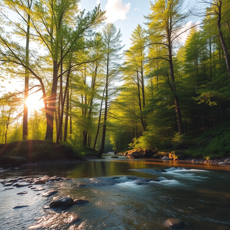 Create an image of a serene, sunlit forest scene with a clear, gently flowing river. Tall trees with lush green foliage line both sides of the river, their leaves bathed in the warm golden light of the setting or rising sun. The sunlight filters through the trees, casting soft, dappled light on the river, which flows over smooth rocks and pebbles, creating a peaceful, natural atmosphere. The sky is bright with a few scattered clouds, and the overall mood is tranquil, evoking a deep sense of connection with nature. The image captures the beauty of a calm, pristine forest landscape at either dawn or dusk.