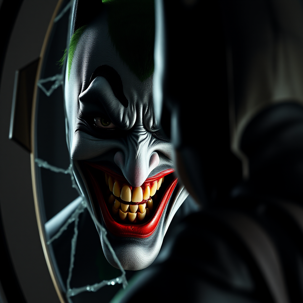Merging elements of Batman and The Joker, this character portrays an evil, maniacal laughter, a sinister grin, and piercing eyes, accompanied by inhumanly sharp fangs. In a half-body portrait, Batman appears maniacal, gazing into a shattered mirror, his image rendered in Todd Phillips' unique style. The scene exudes an atmosphere of darkness, horror, and intense drama, with dramatic lighting and high-quality, hyper-realistic visuals. Inspired by the style of illusory wallpaper portraits, the image showcases colorful realism, exceptional attention to detail, and intricate hidden elements. The UHD, 8K resolution delivers a stunning image, combining realism and vibrant colors for an immersive, intense experience.