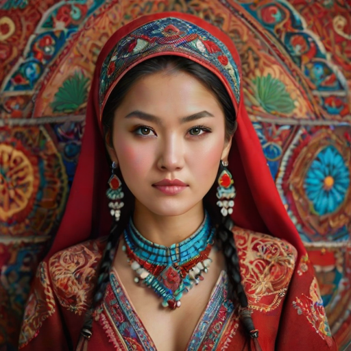 Create a portrait of a beautiful Kyrgyz woman with striking red eyes and a gentle expression. She is adorned in traditional attire with intricate patterns, including a richly embroidered headscarf and matching garments. Her jewelry includes a delicate headpiece, dangling earrings, and ornate bracelets, all featuring vibrant gemstones and detailed metalwork. The background is soft and warm, enhancing the rich colors of her outfit and jewelry.