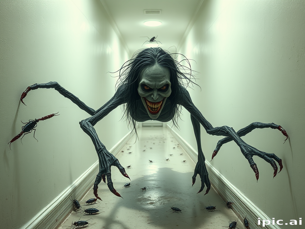 a crooked woman with long arms and a creepy smile is crawling along a long white corridor and you can also see cockroaches in it there is a creepy atmosphere creepy art style