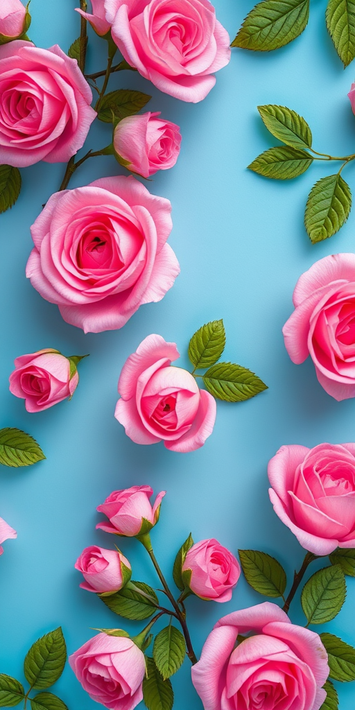 Create a vibrant floral pattern featuring pink roses on a soft blue background, with high resolution, using a macro lens at f/2.8, 100mm focal length, and natural lighting to enhance the details and colors.