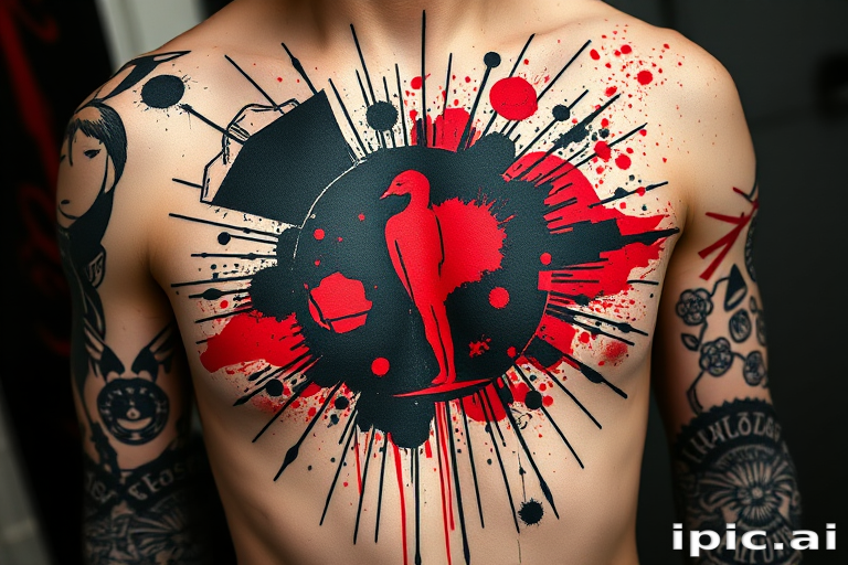 Dramatic trash polka style tattoo dubbed "Chaos and Order" combining bold geometric shapes and abstract splatters in stark black and vibrant red ink creating a powerful visual contrast between structured and chaotic elements text fragments and photorealistic elements add depth and complexity to the dynamic composition