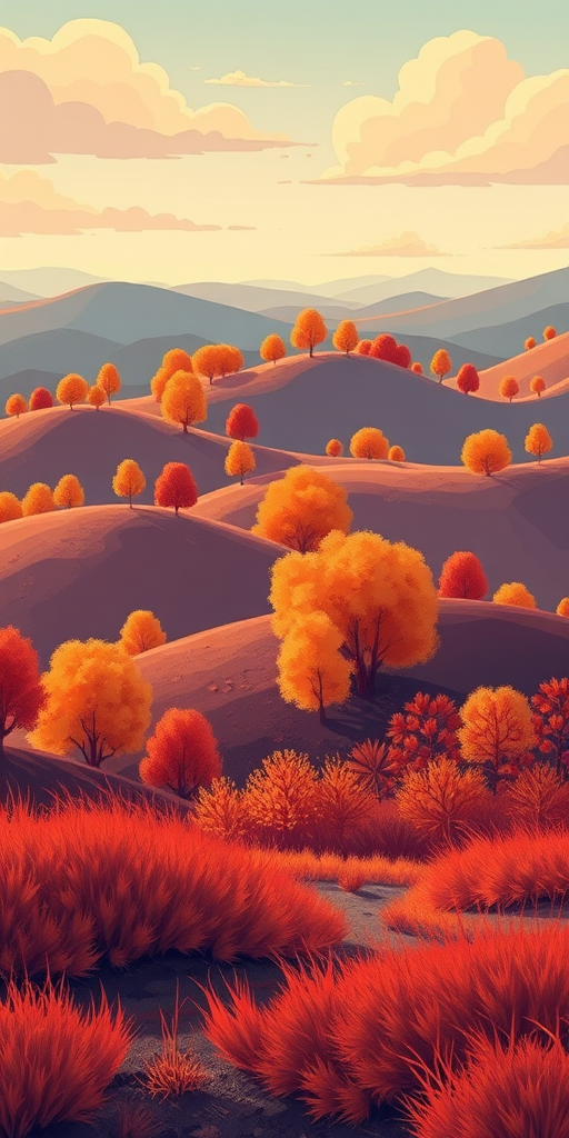 Create a vibrant digital illustration of an autumn landscape featuring rolling hills, stylized trees with orange foliage, and stylized plants in warm tones, using a wide-angle view with high saturation and smooth gradients, simulated with a DSLR camera setting of f/4.0 aperture, ISO 100, and a 28mm lens.