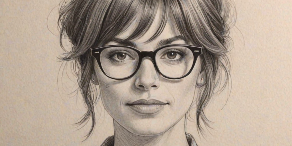 Elegant Stephanie Szostak, pencil sketch, portrait of Delightful woman 1979s in glasses, hair style beatnik, outline, clear lines, fine lines, 8k
