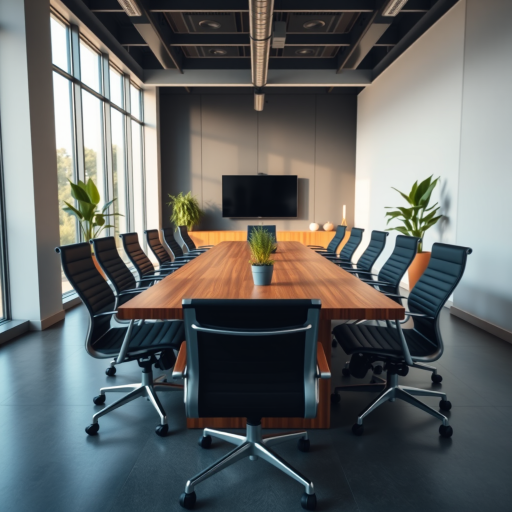 Create a high-resolution image of a modern conference room with a long wooden table surrounded by black ergonomic chairs, large windows letting in natural light, potted plants on the table and corners, and minimalist decor; use a Canon EOS R5 with a 24mm f/1.4 lens, aperture set to f/2.8, ISO 200, and a shutter speed of 1/60s, shot in a wide-angle view to capture the spaciousness and ambiance of the room.