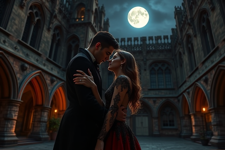 Create a romantic scene of a vampire and a woman embracing in a Gothic castle courtyard under a full moon, soft focus, shutter speed 1/60s, aperture f/2.8, ISO 400, panoramic view, shot with a digital DSLR camera, high dynamic range, vivid colors, and detailed textures.